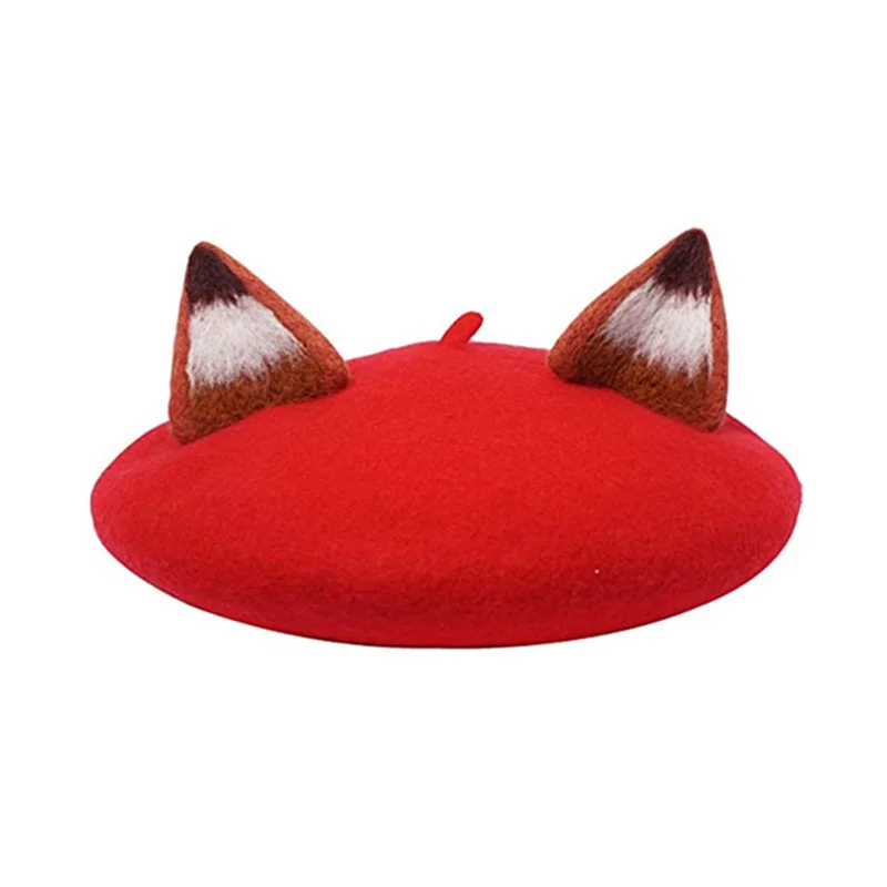 Fox Beret Cap for Women Cat with Ear Hat Cute Black Woolen Beanie Cap Pink/Gray Fashion High Quality Wholesale mens knit beret