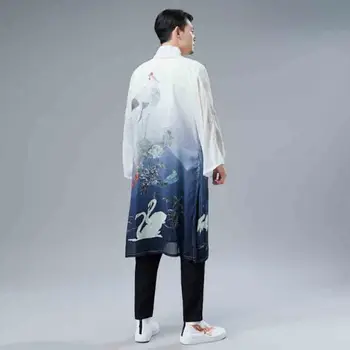 

Men Hanfu Coat Chinese Ancient Traditional Clothing Summer Black Gradation Chiffon Blue Cardigan Thin Coat For Men Plus Size XL