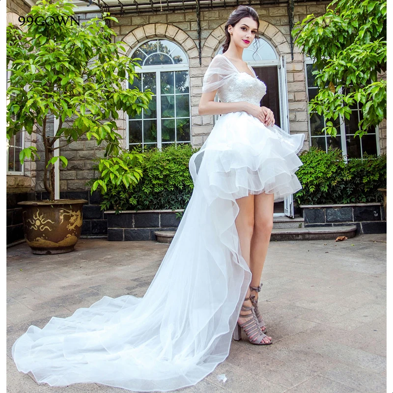 

99GOWN Elegant High Low Wedding Dresses 2019 Simple Sexy Sweathear Neck Backless Lace-Up Satin Tulle Wedding Gown
