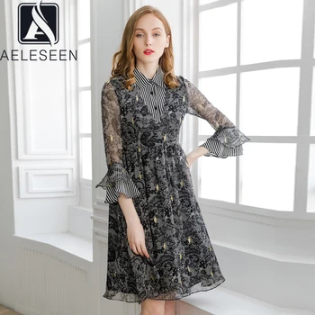 

AELESEEN Runway Fashion Lace Dress 2020 High Quality 3/4 Flare Sleeve Stripped Turn-Down Collar Ruffles See-through Midi Dress