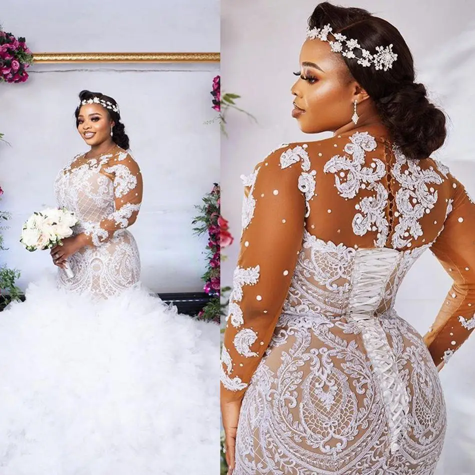 

Plus Size Wedding Dresses Lace Applique Ruffles Tulle Sweep Train Mermaid Bridal Gowns South African Long Sleeve Robe De Mariee