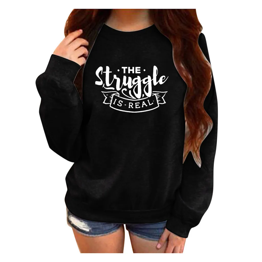 Black Autumn Women Oversize Sweatshirt Winter Letter Printing O Neck Long Sleeve Pullover Sweatshirt Ladies Hoodie Sudadera Mujer - Цвет: Black