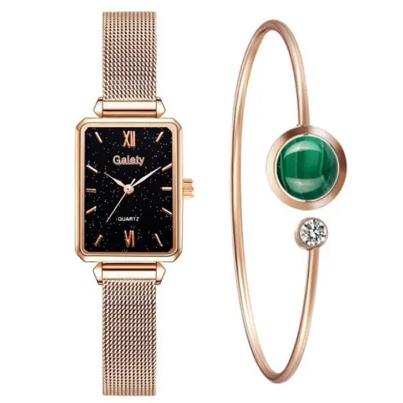 Ladies Quartz Watch 2021 Simple Fashion Luxury Rose Gold Stainless Steel Mesh Band Bracelet Set Qt83 2pcs Mesh Watch Set