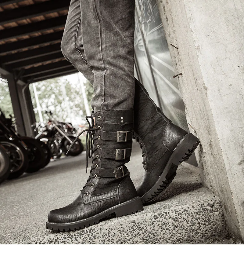 VESONAL; коллекция года; сезон осень-зима; классические кожаные мотоциклетные ботинки в винтажном стиле; Мужская обувь; мужские повседневные ботинки до середины икры с металлической цепочкой