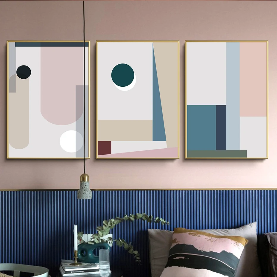 家の装飾のためのミニマリストの抽象的な幾何学的なピンクの青いキャンバスの壁アートプリントポスター