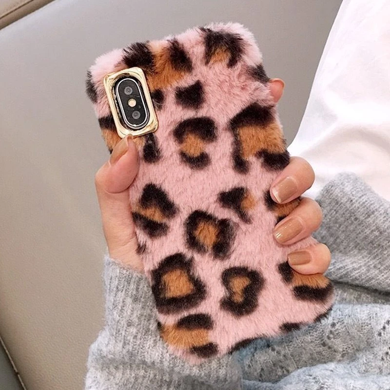 Милый пушистый мех кролика чехол для телефона iPhone X XS Max XR 8 7 6 6S Plus Леопардовый