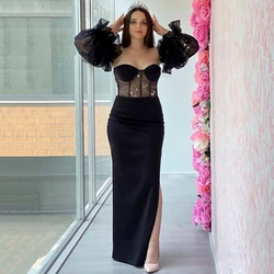 Thinyfull Black Prom Dresses Puff Sleeves Mermaid Evening Dress Glitter High Split Saudi Arabia Cocktail Party Gowns Plus Size