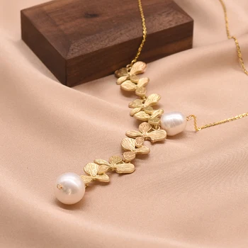 

XlentAg Clover White Natural Pearls Asymmetry Necklace For Women Accessories Girls Friends Birthday Leaf Vintage Jewelry GN0110