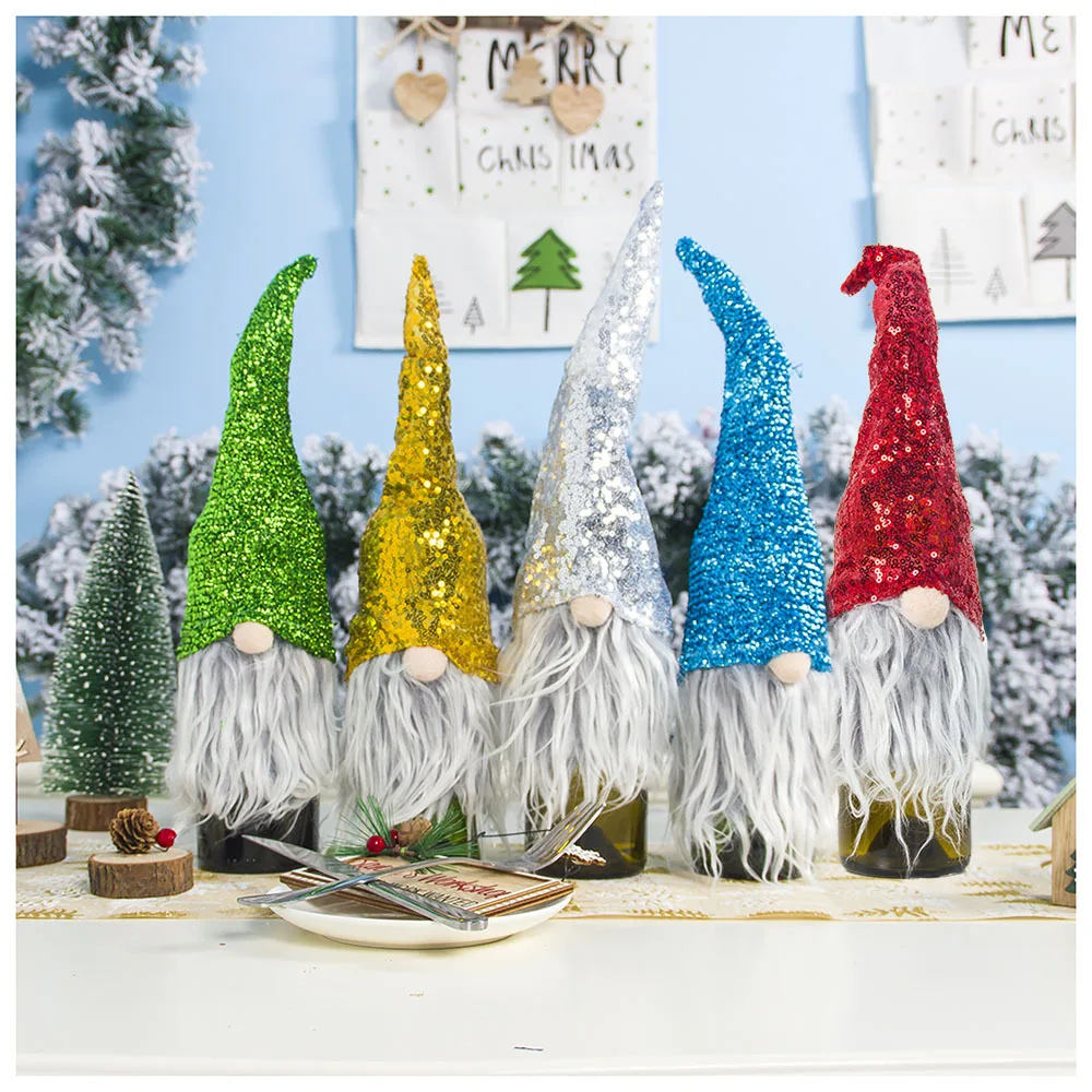 

2019 Navidad New Christmas Decoration Cloth Sequins Faceless Santa Bottle Set Champagne Wine Bottle Set Ornaments Xmas Decor