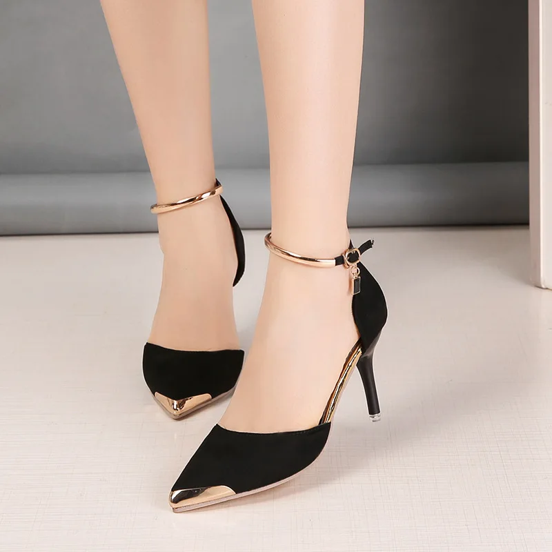 

2019 Spring And Summer Korean-style New Style Metal Pointed-Toe High Heel Shoes A- line Buckle Closed-toe Sandals Thin Heeled Sh