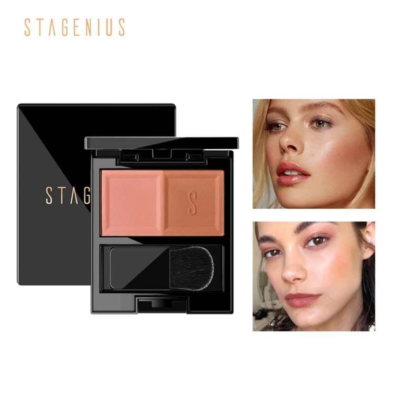 Double-tone Check Blush Palette Long Lasting Waterproof Smudge-proof Face Blush With Brush Mirror