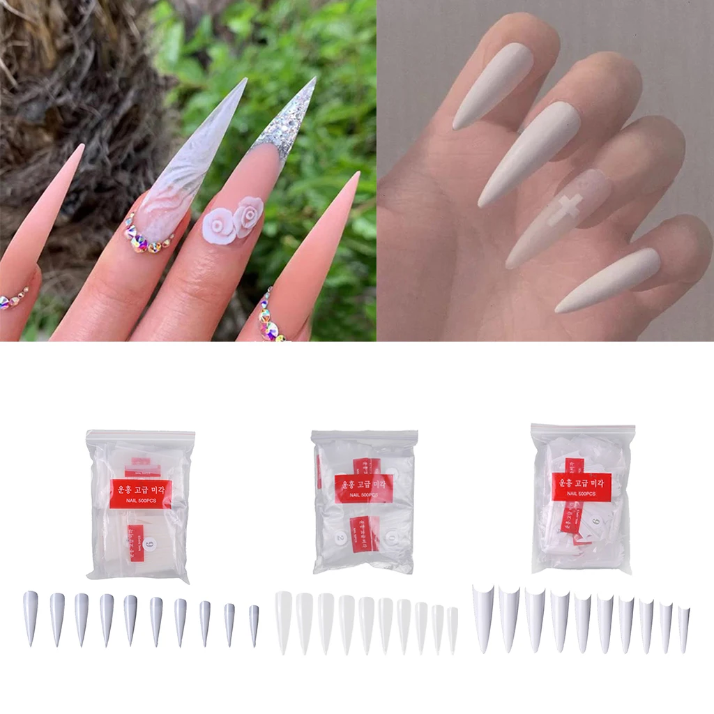 600Pcs Clear Natural White French Stiletto False Nails Tips Half Cover Fake Nails Manicure Acrylic Nail Art Tools