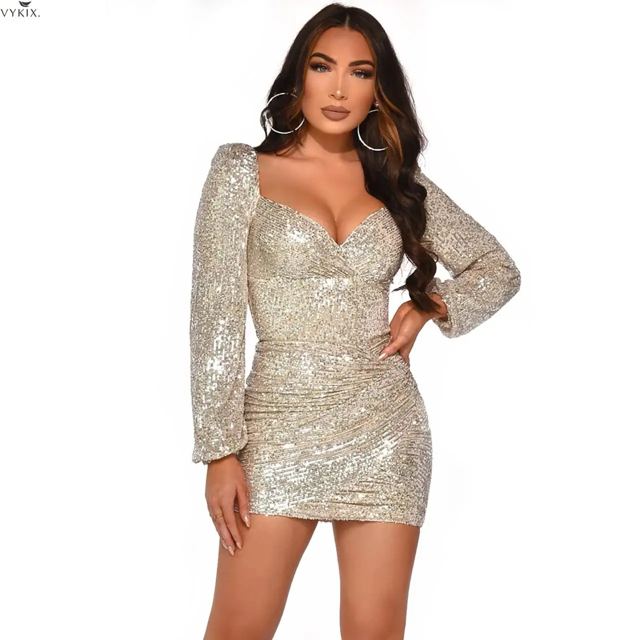 Womens Dresses Sequin Glitter  Elegant Dress Sexy V Neck Bodycon Party Dresses Women Evening Mini Dress Shiny Bandage Dress