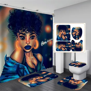 

3D Printed Bath Curtain Cartoon African Women's Theme Shower Currant Curtain Fabric Shower Curtain