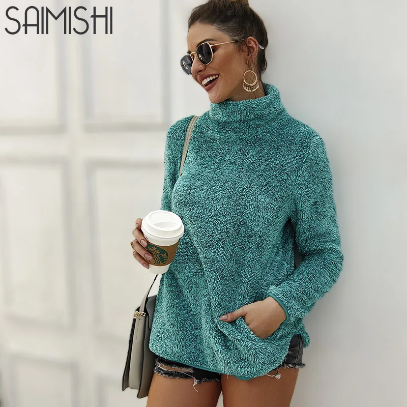 Saimishi, утолщенная, теплая, водолазка, искусственный мех, пальто для женщин, куртка,, зима, длинный рукав, пуловер, карманы, Повседневный, свободный, женский джемпер