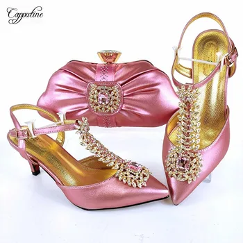 

Elegant Pink Pumps And Evening Bag High Heel Shoes With Handbag Set For Wedding Party MM1106 Height 7cm