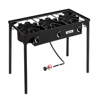 

Outdoor Camp Stove BBQ Grill High Pressure Propane Gas Cooker Portable Cast Iron Patio Cooking Burner (Three Burner 225000-BTU)