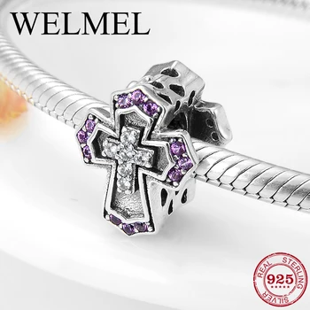 

High quality 925 Sterling Silver Pink and Clear CZ Cross Charms Bead Fit Original Charm Women Bracelet Necklace Jewelry Making