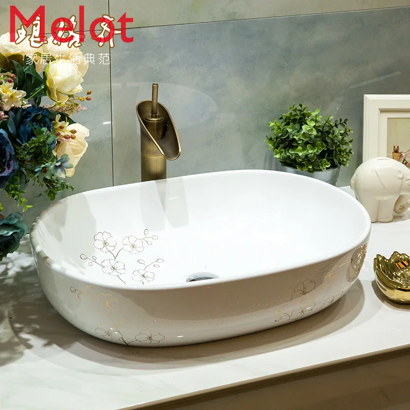 

Large Oval Table Basin Ceramic Bathroom Wash Basin Wash Basin Art Basin White Painting Golden Flower