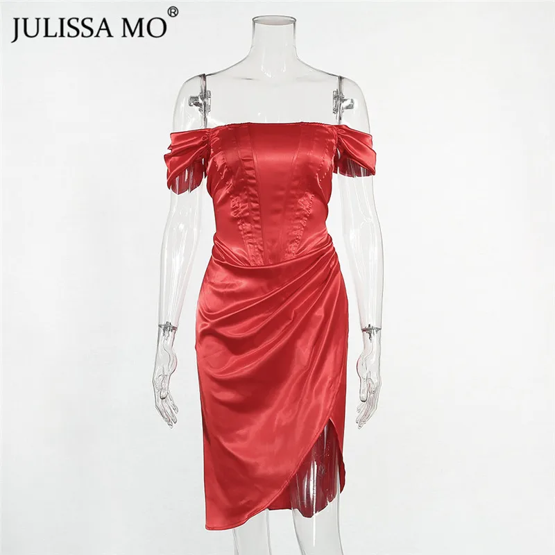 Julissa mo красная майка с открытыми плечами, сексуальное Вечерние Платье Для женщин без бретелек Разделение облегающее платье с низким вырезом на спине нарядное рождественское платье Vestido - Цвет: Красный