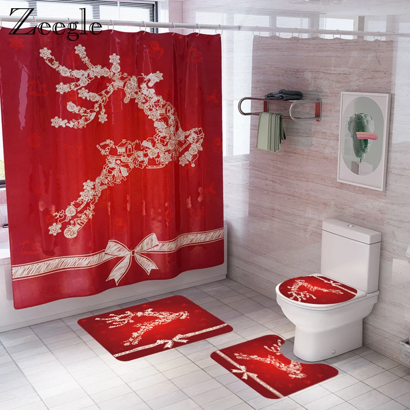 Zeegle Christmas Bathroom Curtain and Bath Mat Set Anti Slip Bathroom Carpets Waterproof Shower Curtain Washable Bath Rug Set