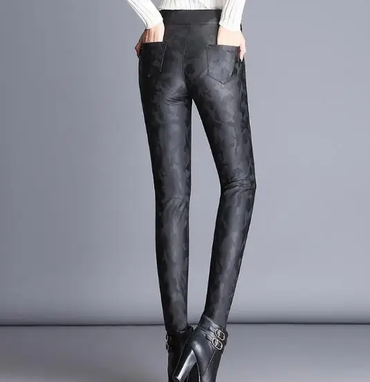 New Plus Size High Elastic Waist Leggings Stretch Sexy Slim Skinny Leather Pants Camouflage Women Bandage Trouser X242