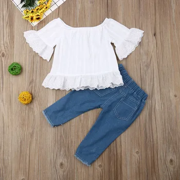 

Baby Girls Outfits Set Summer Toddler Kid Baby Girls Tops White Ruffles Lace T-shirt Denim Long Pants Jeans Newborn 2pcs Clothes