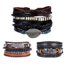 Модный горячий ретро многослойный мужской кожаный браслет из сплава листьев дерева бисера тканый Регулируемый геометрический комплект с бусинами браслет