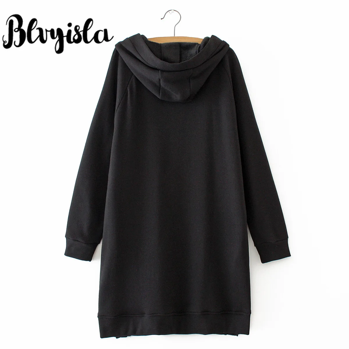 Blvyisla 3XL размера плюс с длинным рукавом шнурок Толстовка с капюшоном для женщин на молнии пуловеры с кнопками сплит подол флис черный толстовки Топы