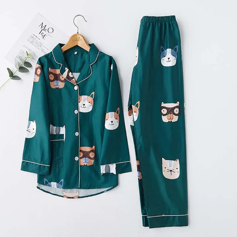 cat dog cotton Комплект из 2 предметов, Хлопковая пижама с длинными рукавами, зеленая кошка, собака, принт с животными, отложной воротник, женские пижамы, осенняя Домашняя одежда, домашняя одежда - Цвет: cat dog cotton