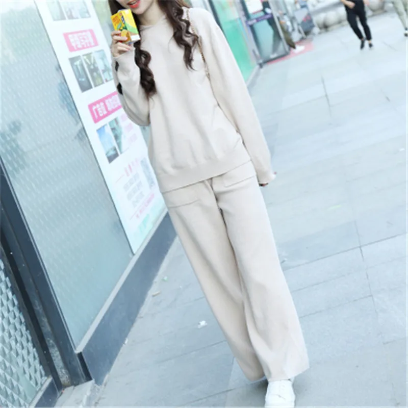 

Autumn Winter Knitted Tracksuit Women Long Sleeve Hooded Warm Wool Sweater Pullovers+Loose Wide Legs Pants Sets Two Piece Outfit