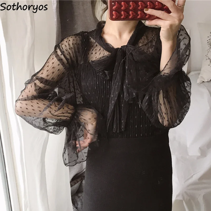 Женские рубашки 2020 в горошек с бантом и воротником стойкой расклешенными