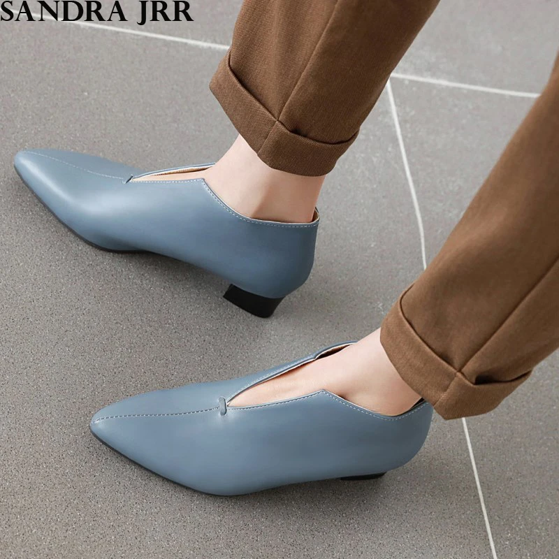 

SANDRA JRR Women Pumps Fashion U Mouth Slip On Pointy Toe Mid Square Heel Leather Pumps 2020 Spring Autumn Female Casual Heels