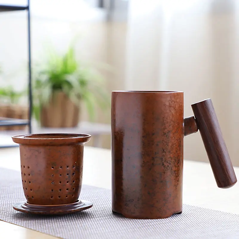 caneca de café cerâmica do vintage do estilo japonês copo de café da oxidação do esmalte do chá do escape com punho de madeira copo de água do escritório em casa drinkware
