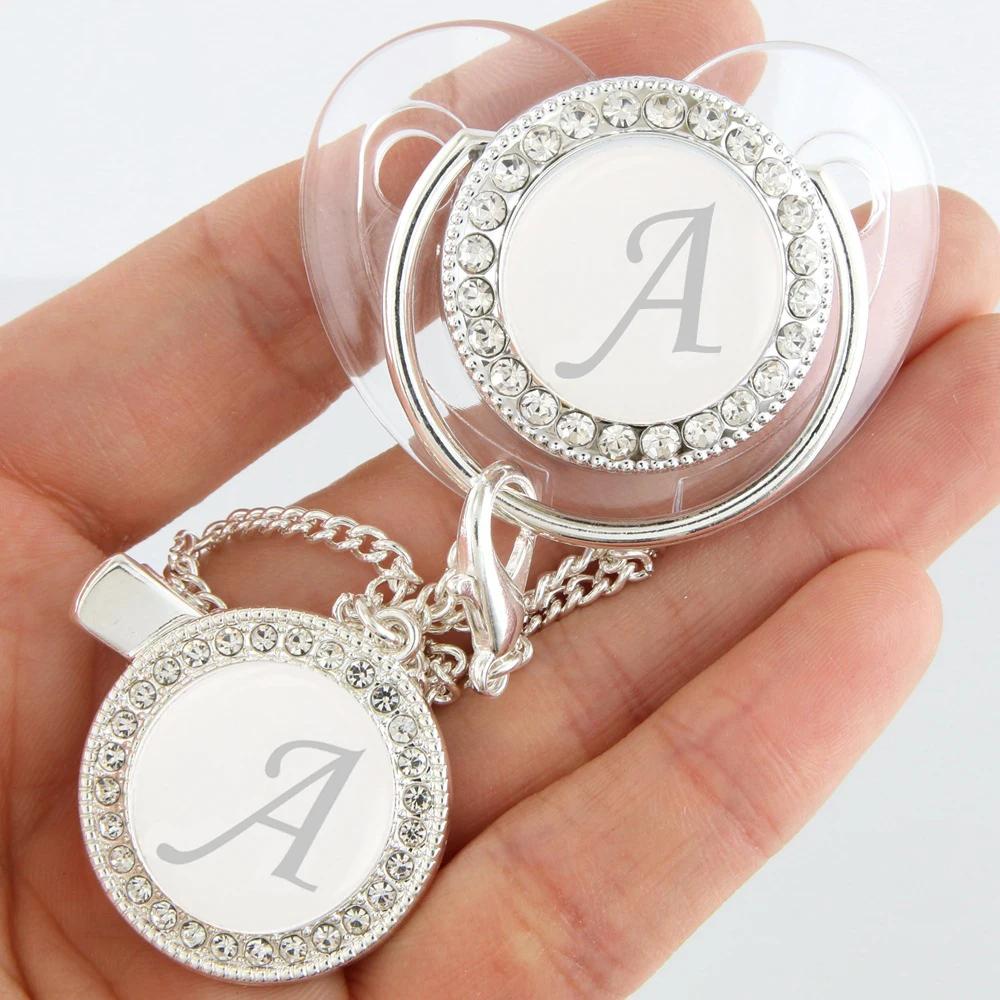 26 Name Initials Transparent Silver Baby Pacifier With Chain Clips BPA Free Newborn Dummy Soother Bling Unique Baby Shower Gift