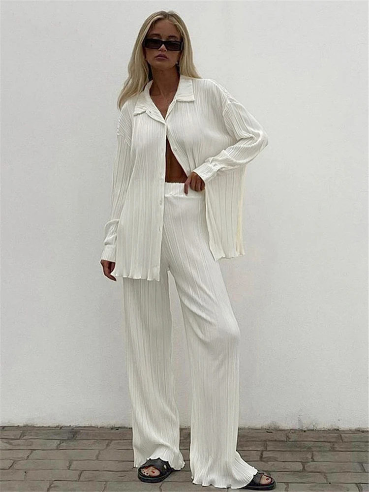 Tossy 2022 New Luxury Pleated Women's Set Oversized Two Piece Set Turn Down Collar Shirt Top And Pants Sets Casual High Street pant suit for wedding guest