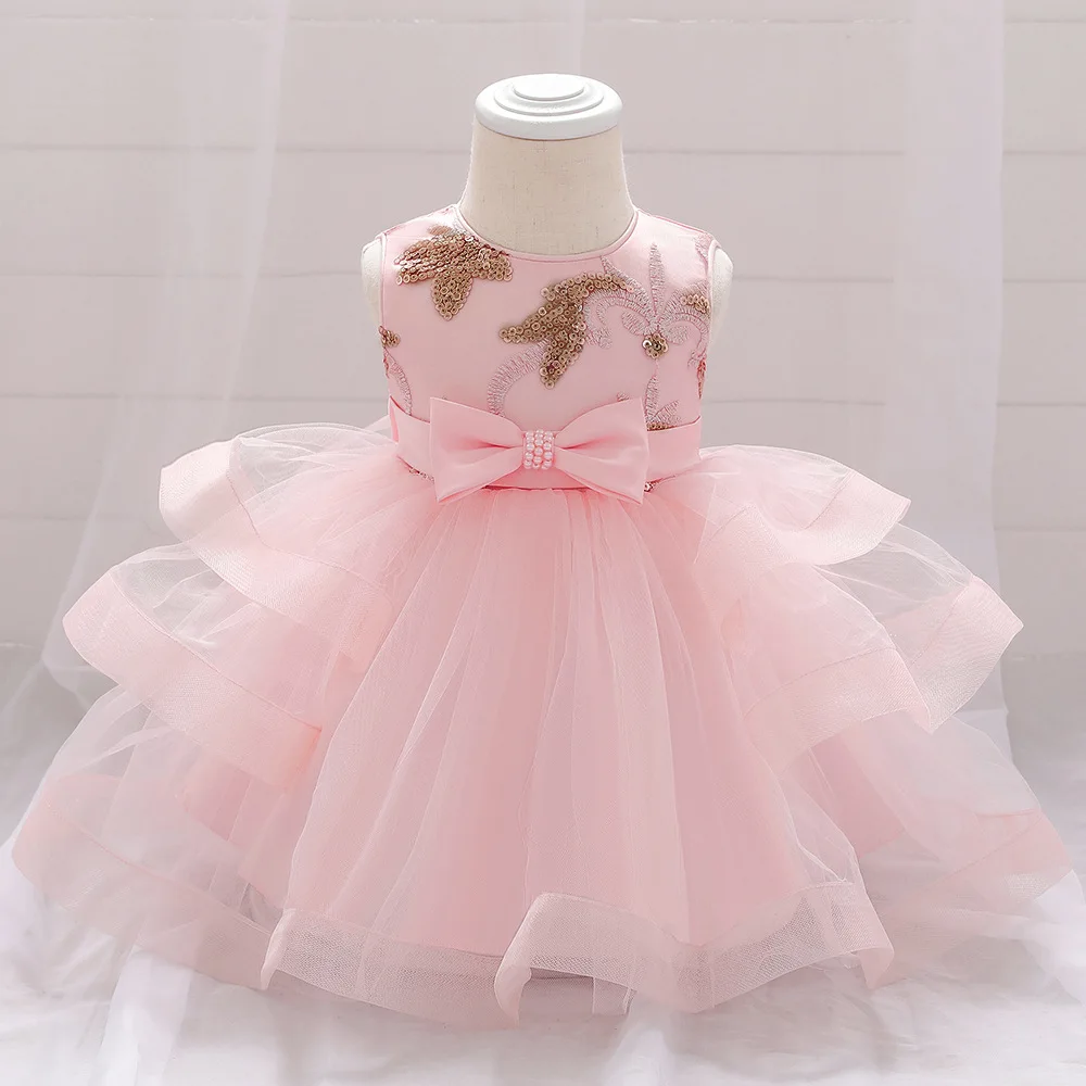Baby Girls Pink Floral Empire Dress Christening Wedding Party 3 to 24 Months