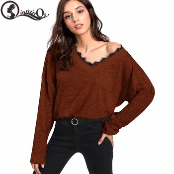 

Woman Sweater Spring Autumn 2020 Long Sleeve Sweater Lace Slim Jumper Fashion V-Neck Femme Elasticity femme Pullovers