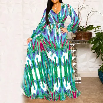 

Spring 2020 Chiffon Long Dress Print Pleat Bohemian Fashion Women Maxi Party Dresses Green Long Sleeve A-Line Beach Sundresses