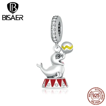 

BISAER Cute Seal Beads 925 Sterling Silver Animal Charm Zircon Pendant Fit Bracelet Necklace Summer Jewelry ECC1656