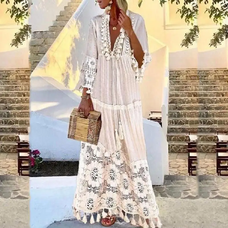 

Fall Bohemian Loose Transparent Long Dress Holiday Solid Deep V-Neck Lace Dress Flare Sleeve Hollow Out Plus Size Beach Dress