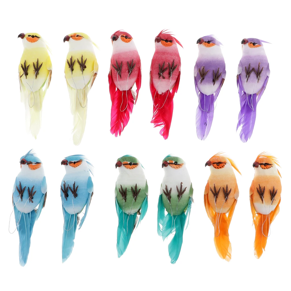 12Pcs Artificial Foam Birds Feather Simulation Parrot with Claw for Party Wedding Decor Garden Yard Park Shop Ornament Kids Gift