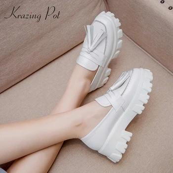 

Krazing pot hot preppy style natural leather fringe pendant round toe high square heel slip on waterproof mature women pumps L79