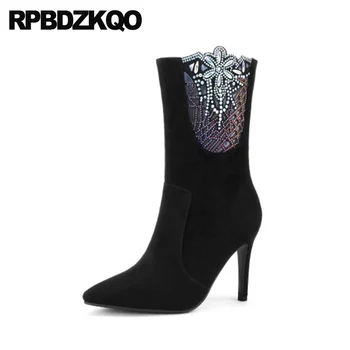 

brand women winter boots genuine leather stiletto shoes pointed toe diamond crossdresser sheepskin mid calf high heel big size
