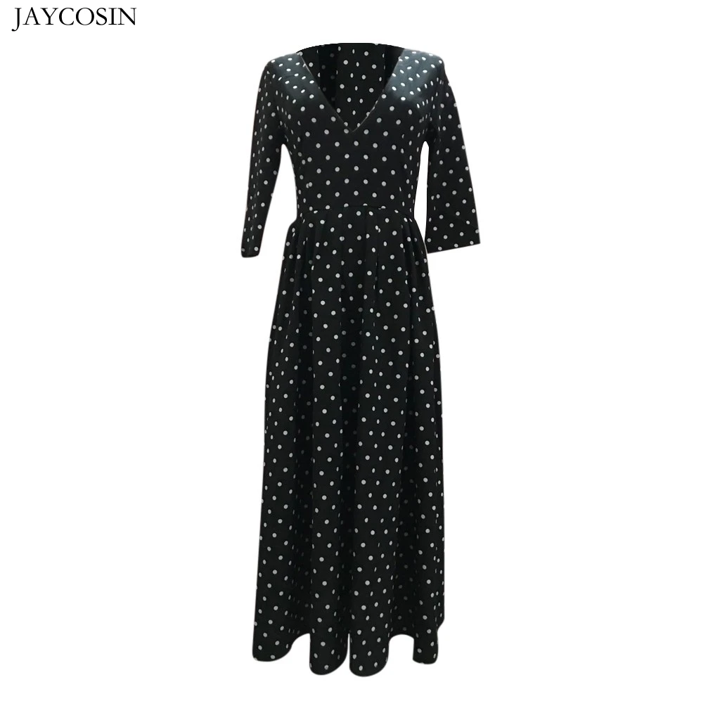 JAYCOSIN, модное женское Повседневное платье в простом стиле, сексуальное, глубокий v-образный вырез, рукав до локтя, в горошек, с принтом, в стиле пэчворк, Драпированное винтажное женское платье - Цвет: Черный