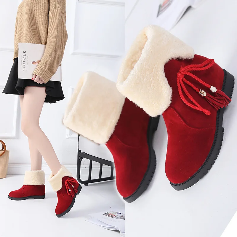 

Snow Boots Women Winter The New Fashion Mid-Calf Slip-On Round Toe Low (1cm-3cm) Flock Plush Butterfly-knot Keep Warm Breathable