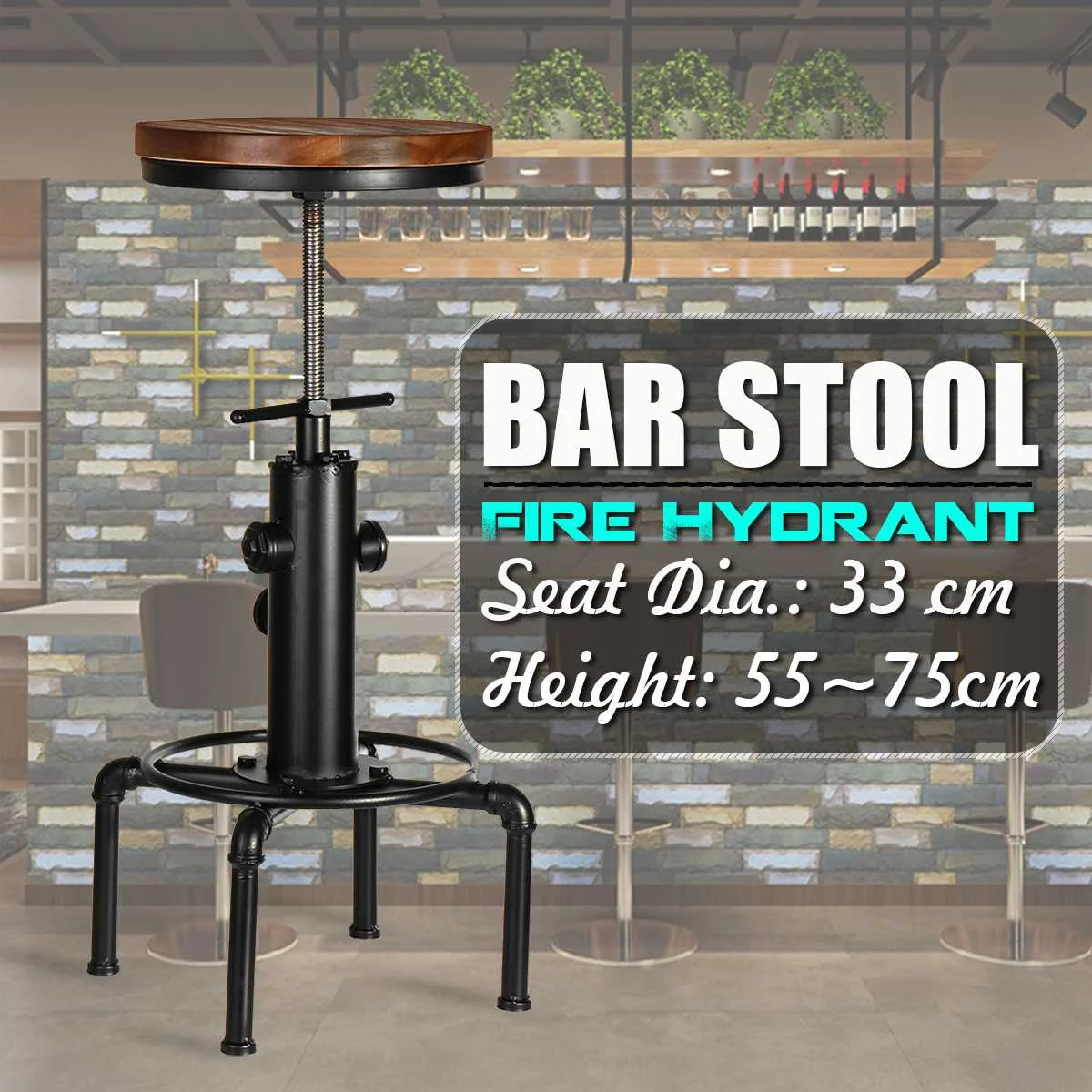 

Vintage Metal Industrial Bar Chairs Height Adjustable Swivel Pinewood Top Kitchen Dining Chair Pipe Style Barstool Bar Chairs