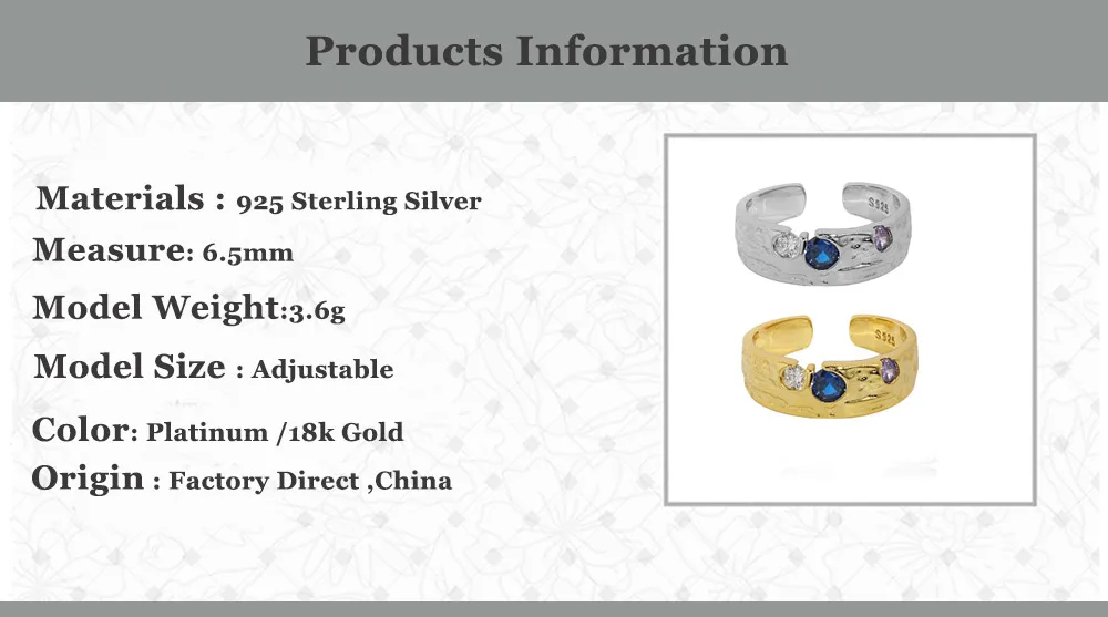 18K Gold Plated 925 Sterling Silver Resizable Ring with Purple‑Blue Zircons