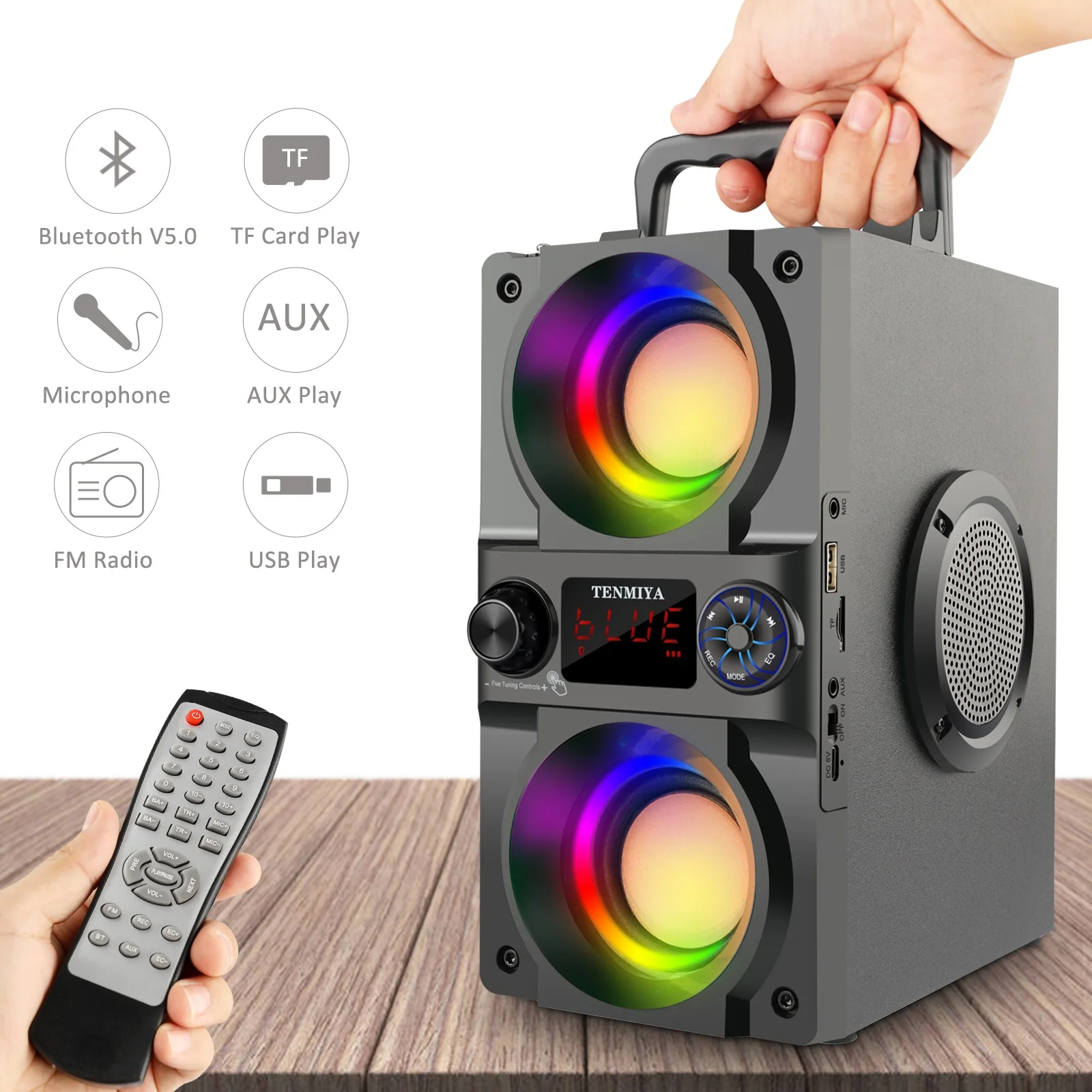 휴대용 무선 붐박스 베이스 서브우퍼 스피커, 지지대 리모컨 FM 라디오, RGB LED 조명, 40W 블루투스 스피커, 신제품