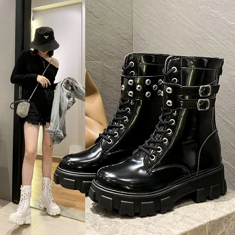 Woman Lace Up Autumn Boots Womens Ladies Chunky Wedge Platform Black Patent Leather Boots Punk Goth New Arrival 2020